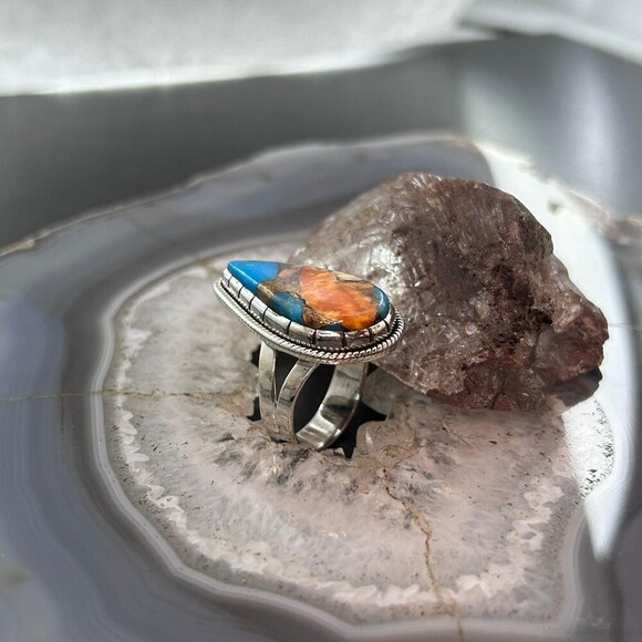 Sterling Southwestern Style Teardrop Turquoise Spiny Oyster Ring Sz 10 For Women - Picture 3 of 10